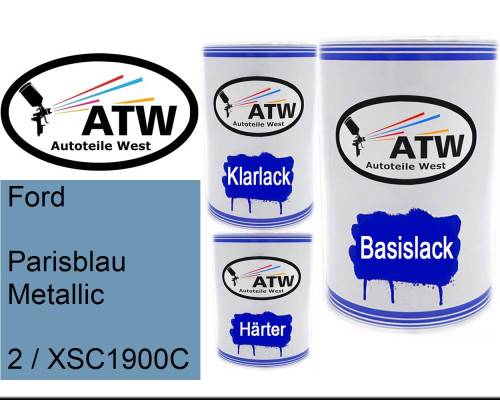 Ford, Parisblau Metallic, 2 / XSC1900C: 500ml Lackdose + 500ml Klarlack + 250ml Härter - Set, von ATW Autoteile West.